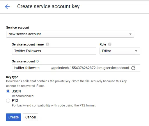 Service account credentials creation