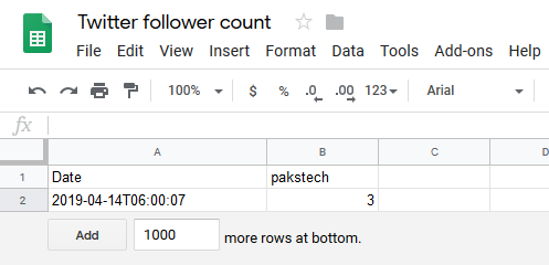 Twitter follower count updated to a spreadsheet