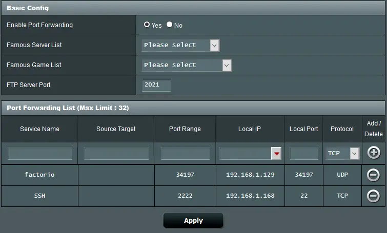 Port forwarding set for SSH and a game server