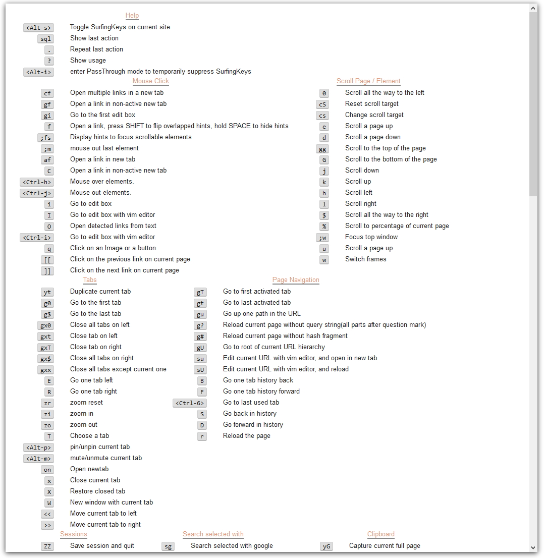Surfingkeys help