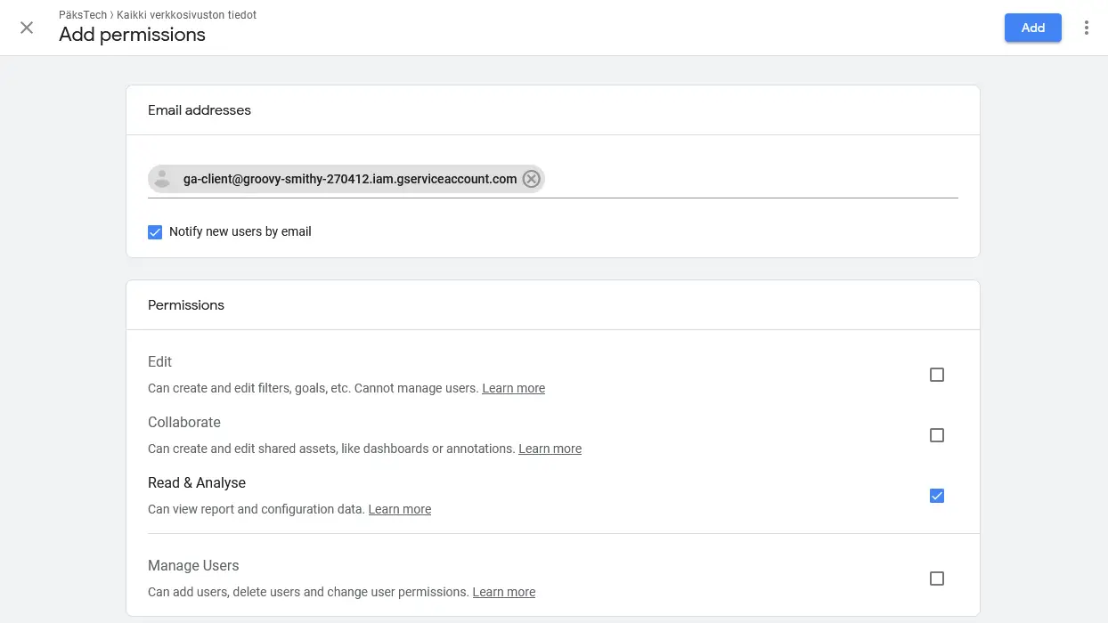 Google Analytics view user management