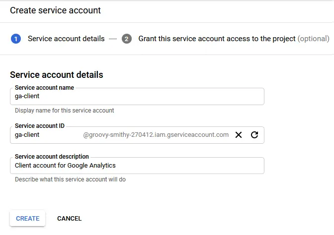 Service account creation form