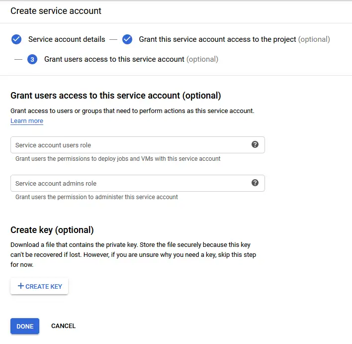 Create key for the service account